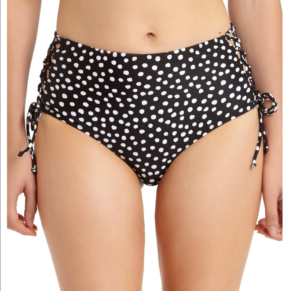 Dot-Print Lace-Up High-Waist Bikini Bottoms